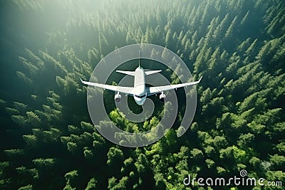 Aerial view of White Airplane taking off or flying in the air above green rain forest mountain view, nature landscape, healthy Stock Photo