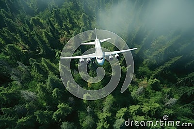 Aerial view of White Airplane taking off or flying in the air above green rain forest mountain view, nature landscape, healthy Stock Photo