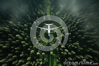 Aerial view of White Airplane taking off or flying in the air above green rain forest mountain view, nature landscape, healthy Stock Photo