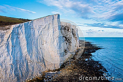 Aerial view of the White Cliffs of Dover. Close up view of the cliffs from the sea side. Stock Photo