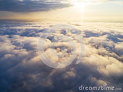 Aerial view White clouds in blue sky. Top view. View from drone. Aerial bird`s eye view. Aerial top view cloudscape. Texture of cl Stock Photo
