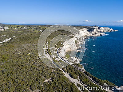 Aerial view on white limestone cliffs, cliffs. Bonifacio. Corsica, France. Stock Photo