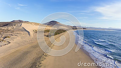 Long white sand beach, dunes, sea waves, Costa Calma, Fuerteventura, Stock Photo