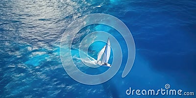 Aerial view of a white yacht with a sail. AI generative illustration Cartoon Illustration