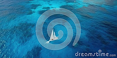 Aerial view of a white yacht with a sail. AI generative illustration Cartoon Illustration