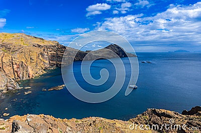 Aerial view of the wild beach and cliffs at Ponta de Sao Lourenco, Madeira Stock Photo