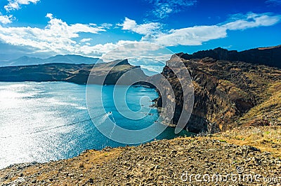 Aerial view of the wild cliffs at Ponta de Sao Lourenco, Madeira islands Stock Photo