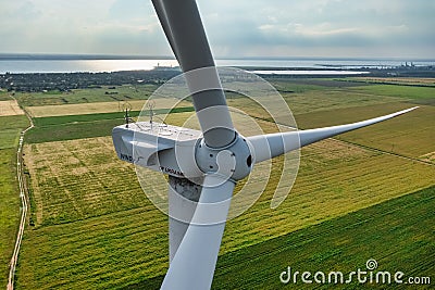 Aerial view of wind turbine on a field in Ukraine Editorial Stock Photo