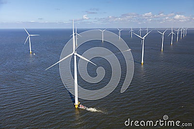 Aerial view of wind turbines at sea, North Holland Stock Photo