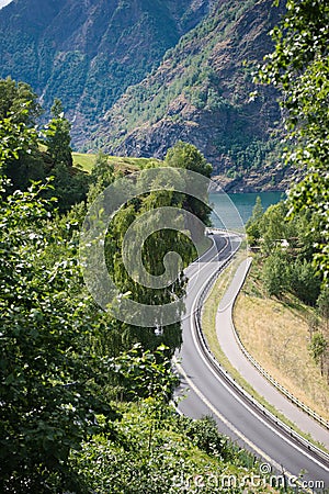 aerial view of winding road green trees and beautiful mountains Aurlandsfjord Flam Stock Photo