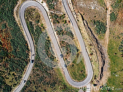 Aerial view of winding road. Highway through the woodland Stock Photo