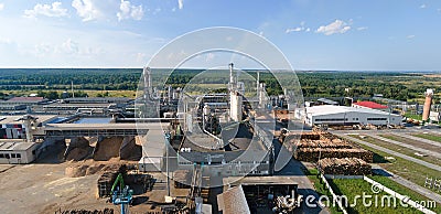 Aerial view of wood processing factory with stacks of lumber at plant manufacturing yard Editorial Stock Photo