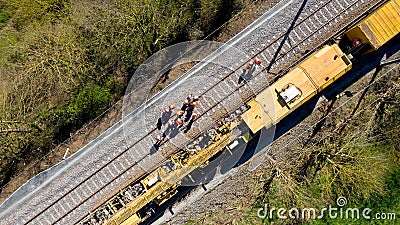 Aerial view of workers on a railway construction site Stock Photo