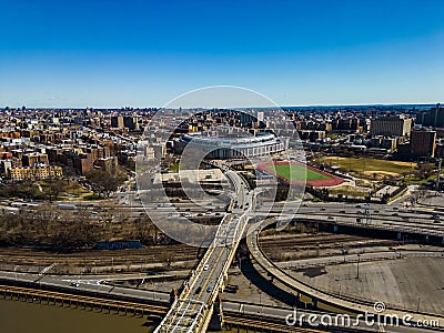 Aerial view of the Yankee stadium located in the center of Bronx with lots of buildings around it Editorial Stock Photo