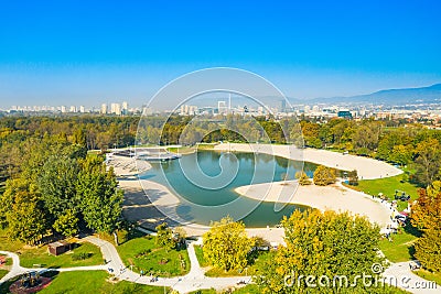 Aerial view of Zagreb, Croatia, Bundek lake in autumn Stock Photo