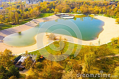 Aerial view of Zagreb, Croatia, Bundek lake in autumn Stock Photo