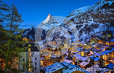 Aerial View on Zermatt Valley and Matterhorn Peak at Dawn Stock Photo