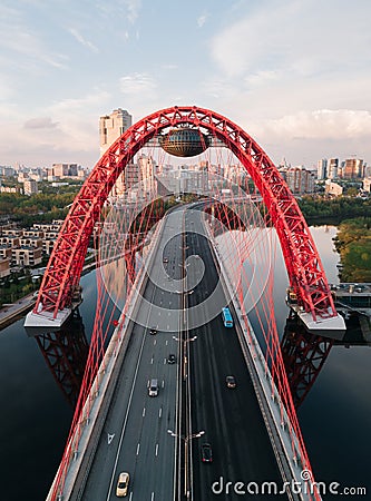 Aerial view of Zhivopisniy bridge at sunset, Moscow, Russia Editorial Stock Photo