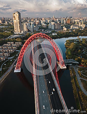 Aerial view of Zhivopisniy bridge at sunset, Moscow, Russia Editorial Stock Photo