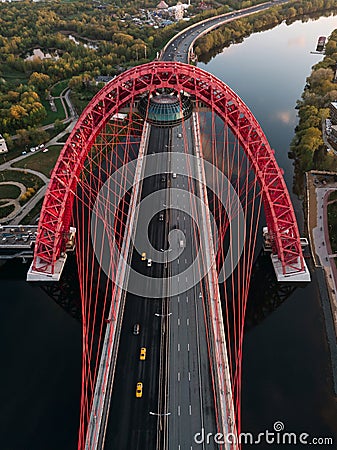 Aerial view of Zhivopisniy bridge at sunset, Moscow, Russia Editorial Stock Photo