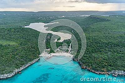 Aerial views Daaibooi beach over the ocean and land on Curacao Stock Photo