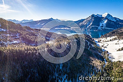 Aerial walchensee lake in bavaria in Winter Stock Photo