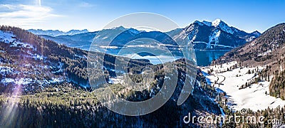 Aerial walchensee lake in bavaria in Winter Stock Photo