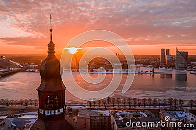 Aerial winter sunset view over Riga old town with Dome cathedral Editorial Stock Photo