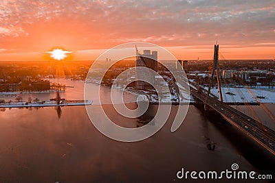 Aerial winter sunset view over Riga old town with Dome cathedral Editorial Stock Photo