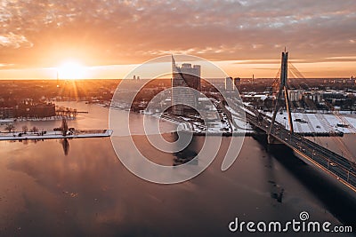 Aerial winter sunset view over Riga old town with Dome cathedral Editorial Stock Photo