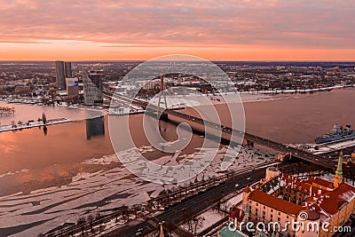 Aerial winter sunset view over Riga old town with Dome cathedral Editorial Stock Photo
