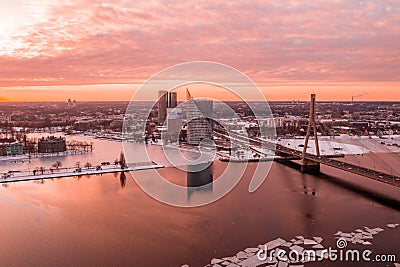 Aerial winter sunset view over Riga old town with Dome cathedral Editorial Stock Photo