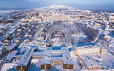 Aerial winter view of Kiruna, the northernmost town in Sweden, province of Lapland, winter sunny picture shot from drone Stock Photo