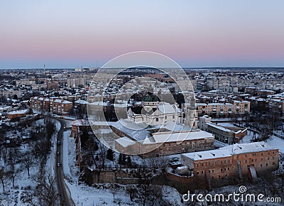 Aerial winter view of Monastery of the Bare Carmelites in Berdichev, Ukraine. Travel destinations across Ukraine Editorial Stock Photo
