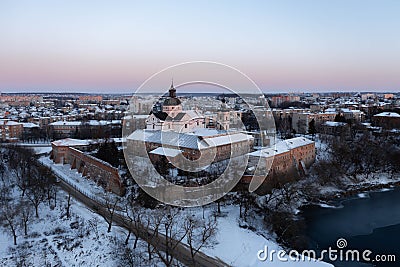 Aerial winter view of Monastery of the Bare Carmelites in Berdichev, Ukraine. Travel destinations across Ukraine Editorial Stock Photo