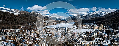 Aerial winter view of the worldwide famous ski resort of St. Moritz, Graubunden Editorial Stock Photo