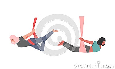 Aerial yoga. Young woman practicing stretching gymnastic in hammocks vector illustration Vector Illustration