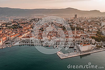 Aeril drone shot of Diocletian Palace in rising sun light morning in Split old town Croatia Stock Photo