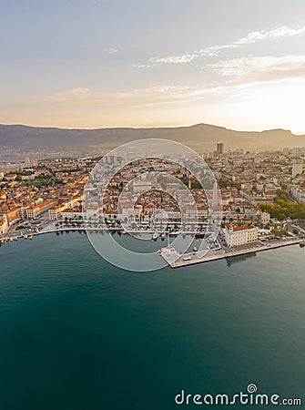 Aeril drone shot of Diocletian Palace in rising sun light morning in Split old town Croatia Stock Photo