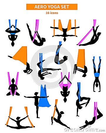 Aero Yoga Black White Icon Set Vector Illustration