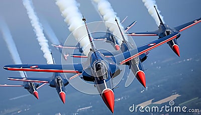 Aerobatic Jets Formation in Sky Stock Photo