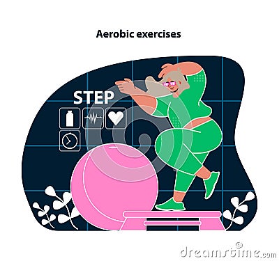 Aerobic exercises in VR. Boost cardio health with virtual step workouts. Vector Illustration