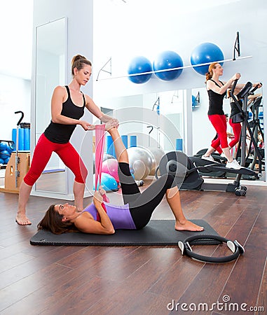Aerobics pilates gym women group and crosstrainer Stock Photo