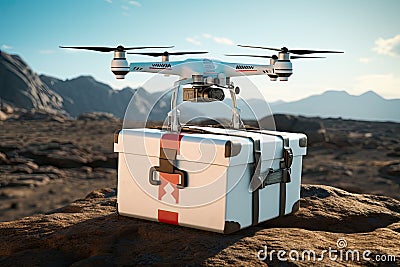 Aerodrone delivering medical supplies to remote areas, improving access to healthcare Drone delivering a package Stock Photo