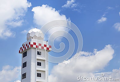 Aeronautical meteorological station tower or weather radar dome station tower in airport Stock Photo