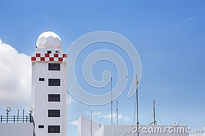 Aeronautical meteorological station tower or weather radar dome station tower in airport Stock Photo