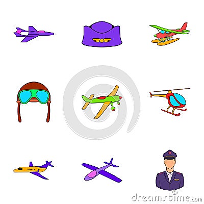 Aeronautics icons set, cartoon style Vector Illustration