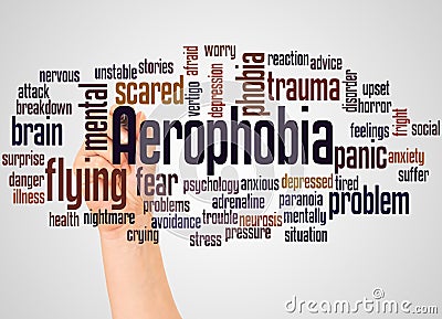 Aerophobia fear of flying word cloud and hand with marker concept Stock Photo