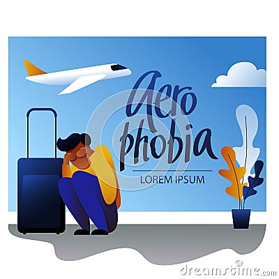 A vector image of a man with suitcases having an aerophobia. Vector Illustration