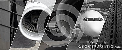 Aeroplane engine and front view on black and white travel theme banner Stock Photo